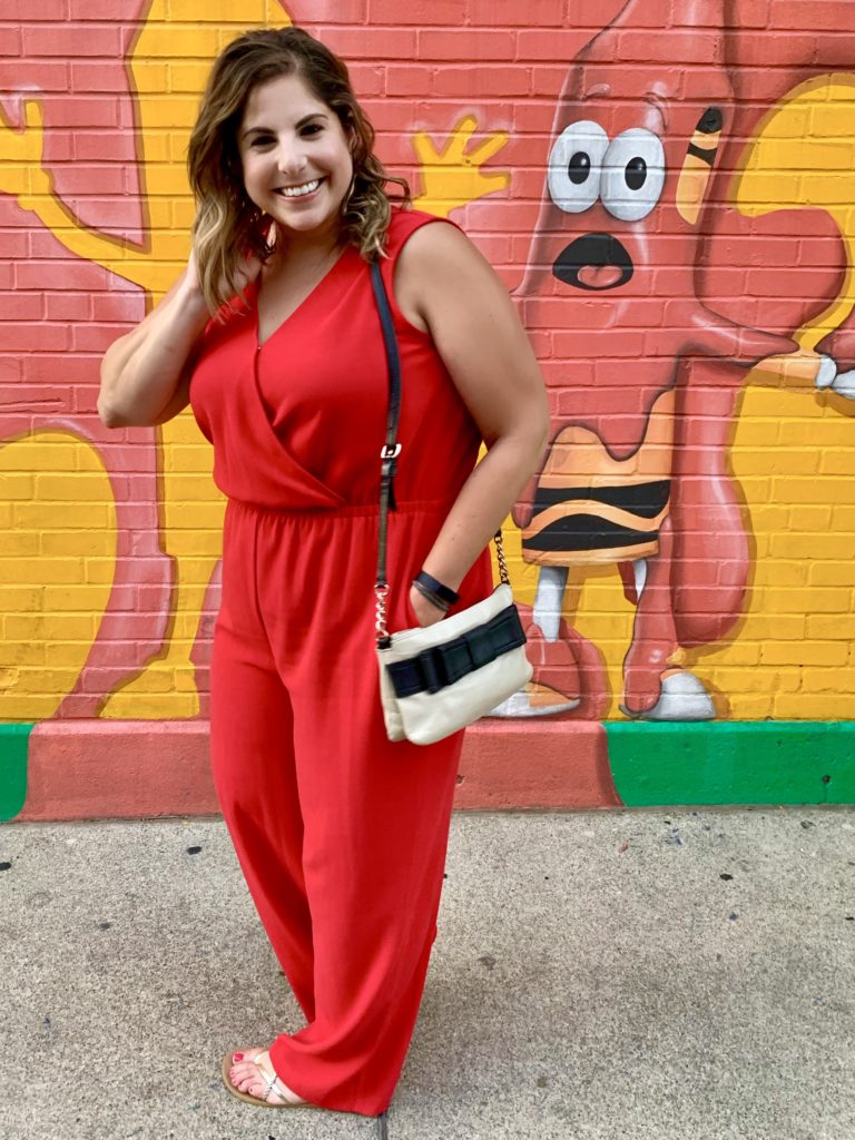 Red Apt 9 Jumpsuit and Kate Spade handbag