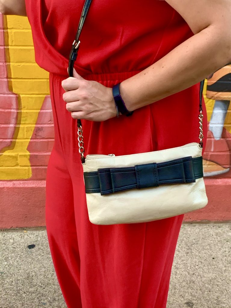 Red Apt 9 Jumpsuit and Kate Spade handbag