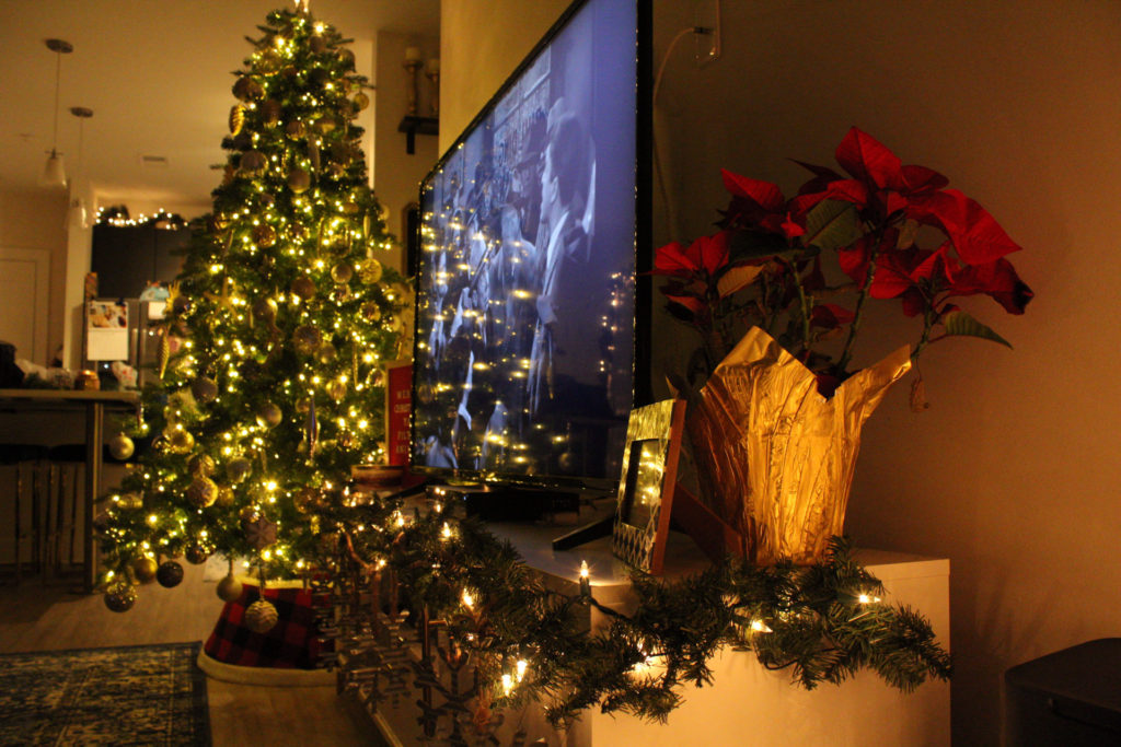 My Christmas Tree, Garland and Poinsettia on my TV stand in my living room